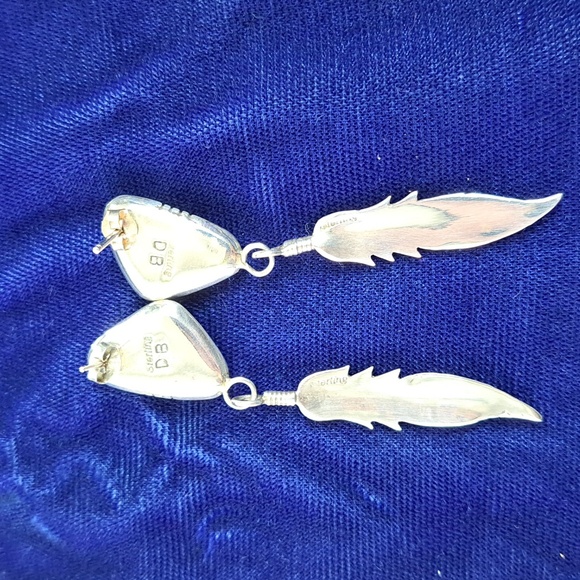 Vintage Native American Turquoise Sterling Silver Feather Earrings Signed - Picture 15 of 15